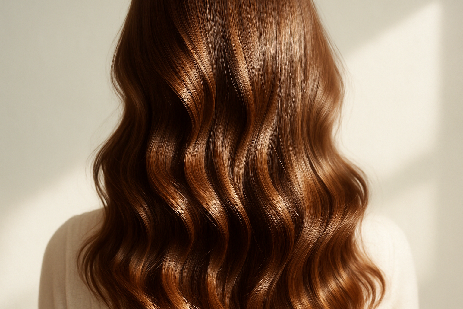 A beautiful, sun-lit shot of healthy, glossy hair, with soft waves and a natural shine. The hair looks soft, vibrant, and full of life. Soft focus, clean background, aesthetic vibe. --ar 4:5