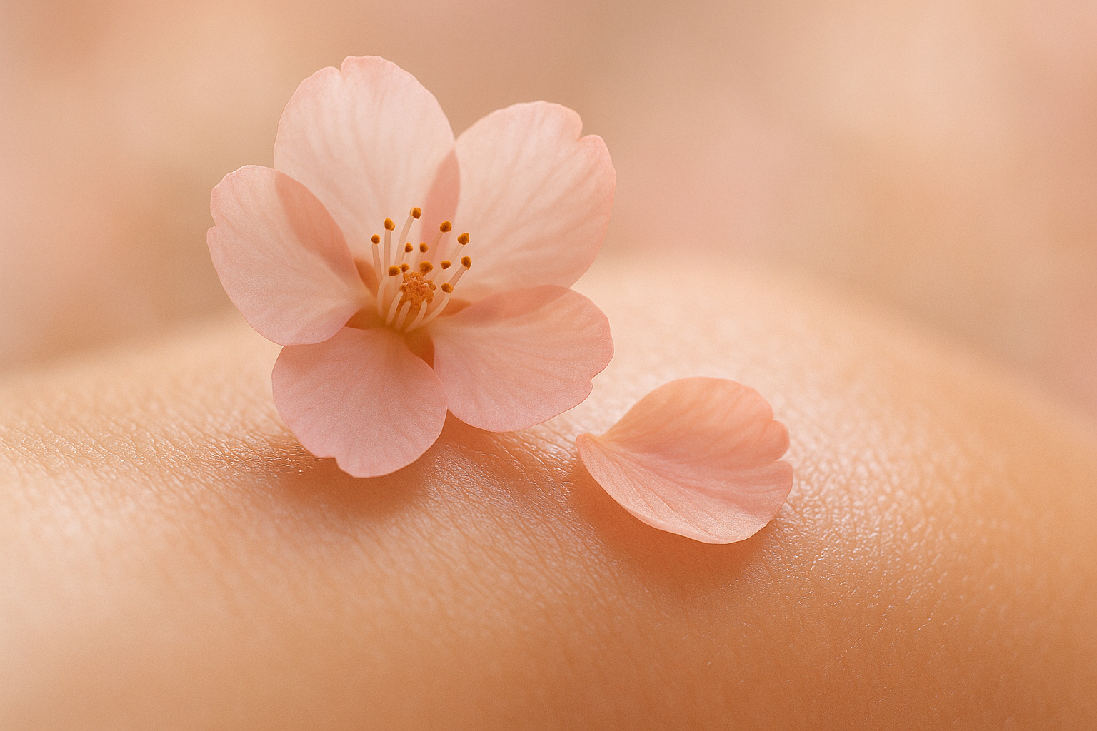 A macro photograph of delicate cherry blossom and peach petals resting gently on a smooth, moist surface of human skin. The lighting is soft and diffused, creating a gentle glow. The background is a blur of muted, pastel colors. The atmosphere is incredibly calm, serene, and soft. --ar 4:5 --style raw