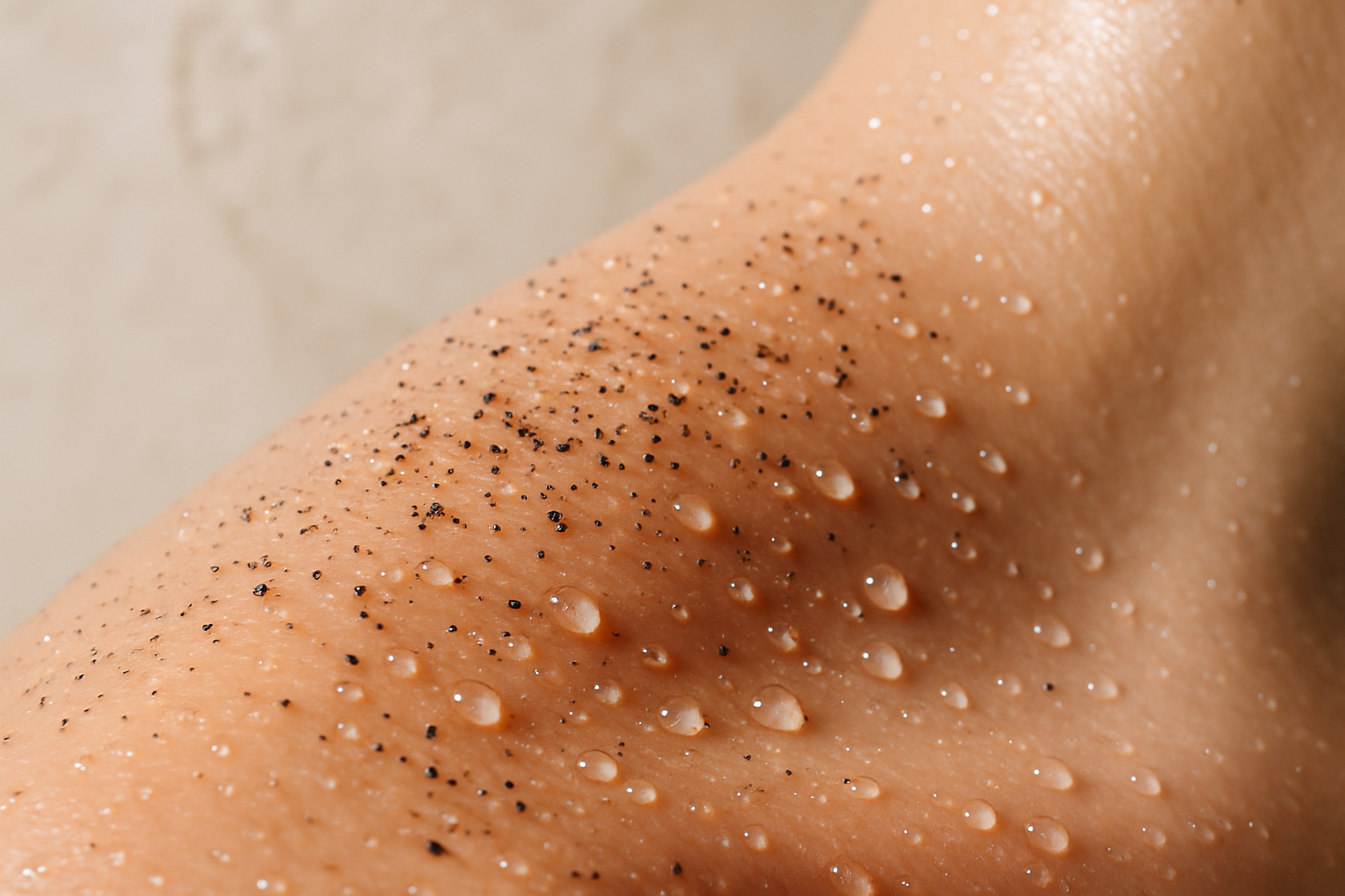 Macro photography of glowing, dewy skin after exfoliation, with a sprinkle of fine black volcanic sand and glistening water droplets on the surface. The background is soft, minimalist, and luxurious, with natural limestone textures. Soft, diffused lighting, clinical yet serene aesthetic. --ar 4:5 --style raw
